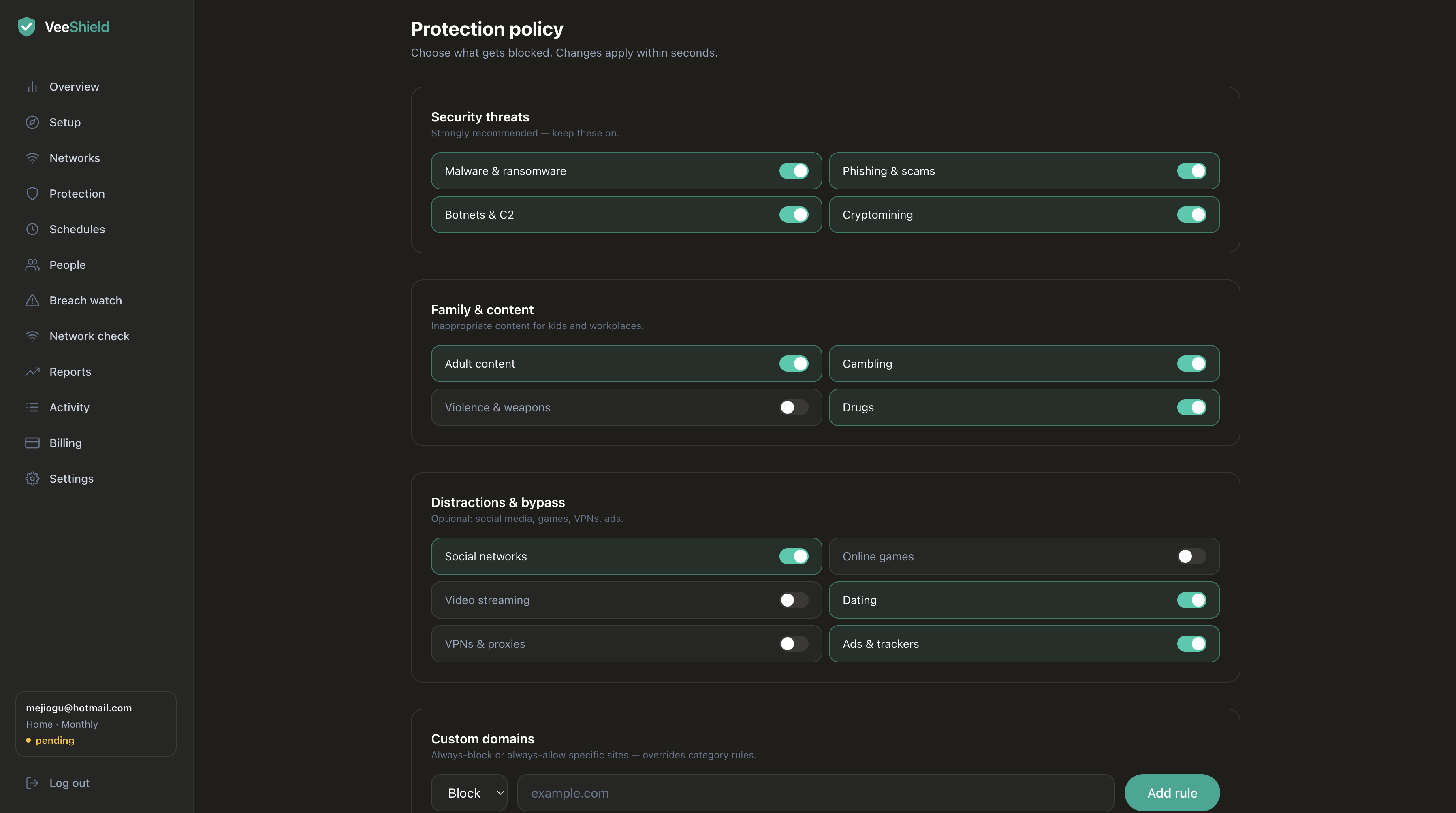 VeeShield protection policy with category toggles